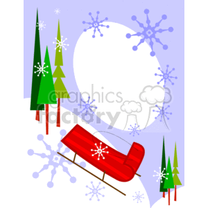   The clipart image features a winter holiday theme. It includes a red sleigh or toboggan in the foreground, positioned on what appears to be snowy hills. There are pine trees in the scene, suggesting it