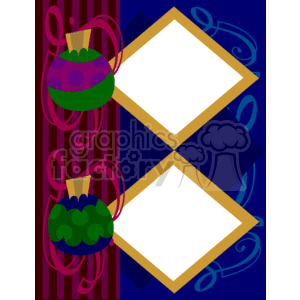 A festive clipart image featuring two ornate Christmas ornaments. The ornaments have colorful patterns and are positioned beside two blank diamond-shaped spaces framed in gold, set on a backdrop of deep blue and red stripes with decorative swirls.