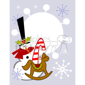 A festive clipart image featuring a snowman wearing a black top hat and a red scarf, holly leaves with berries, a candy cane, a brown rocking horse, and both large and small snowflake patterns in the background.