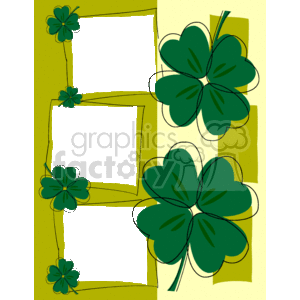 A whimsical clipart image featuring green four-leaf clovers and empty photo frames on a two-tone green and beige background. The frames can be used for inserting photos or text.