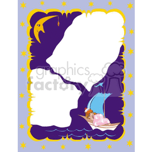 A whimsical clipart image showing a dreamlike night scene. It features a frame with a blue background and yellow stars. There is a crescent moon with a face in the upper left corner. A child is seen sleeping on a boat with a blue sail in the bottom right corner.