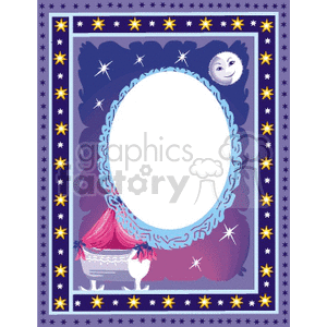 Clipart image of a decorative frame with a star-patterned border, containing an oval space for a picture. The background features a crescent moon with a face, stars, and a whimsical design with draped curtains.