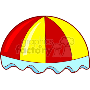 A clipart image of a red and yellow striped awning, with a light blue wavy border at the bottom.