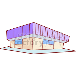 A clipart image of a modern building with a purple rooftop and beige walls featuring blue windows.