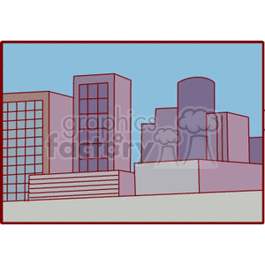 A clipart image depicting a cityscape with various buildings and skyscrapers against a blue sky.