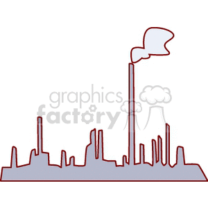 A simple clipart image of an industrial factory with several smokestacks, one of which has smoke coming out.