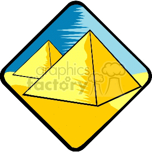 Clipart image of two yellow pyramids set against a blue sky, enclosed within a diamond-shaped border.