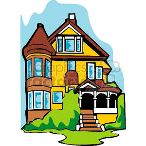 A colorful clipart image of a two-story house with a front porch, multiple windows, and an orange turret. The house is surrounded by greenery.