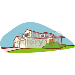 A clipart image of a modern house with a garage, driveway, and green bushes in the front. The background is a stylized blue sky with green grass.