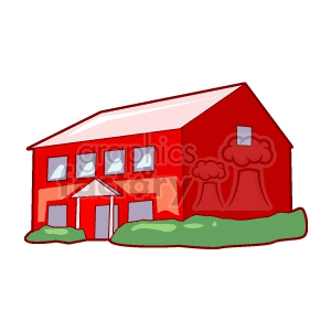 Clipart image of a red two-story house with green shrubs at the base.