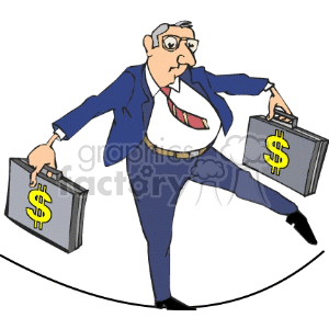 Businessman on Tightrope with Money Briefcases Cartoon