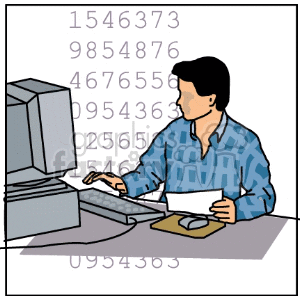 Clipart of a man working on a computer at a desk with numbers in the background.