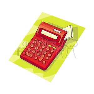 Illustration of a red calculator with a roll of paper on a green background.