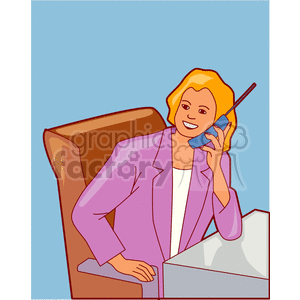 A clipart image of a businesswoman with blonde hair, wearing a purple blazer, sitting at a desk while talking on a cordless phone.