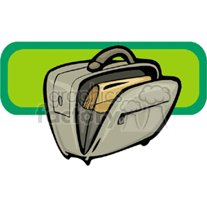 A clipart image of an open briefcase with folded documents inside, set against a green rectangular background.