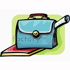 Clipart image of a school bag with a rolled paper and a book underneath on a green background.