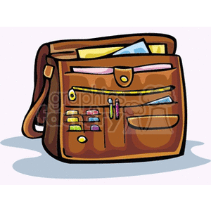 A clipart image of an open brown leather briefcase filled with colorful folders, papers, and stationery items.