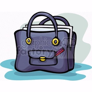 A cartoon-style image of a blue handbag or briefcase, featuring handles, a front pocket, and papers sticking out.