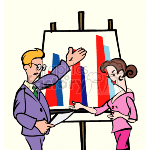 This is a clipart image featuring two animated characters, a man and a woman, standing beside a flip chart with bar graphs. The man is gesturing towards the chart as if explaining something, while the woman, holding a paper, appears to be engaged in the discussion or presentation. The bar graphs seem to represent some kind of financial performance, typical in a business or corporate setting, possibly discussing profits or other business metrics. They are both wearing business attire, signifying a professional environment, such as a meeting or presentation.