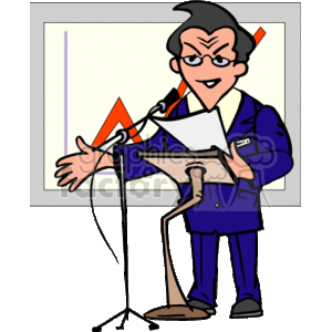This is a clipart image of an animated character presenting in front of a projection screen with charts. The man is wearing a suit and appears to be giving a presentation, standing behind a podium and gesturing towards the graphs that indicate business or financial data, such as profits or performance metrics. The overall theme depicts a business or corporate setting, possibly a meeting or a conference where financial results are being discussed.