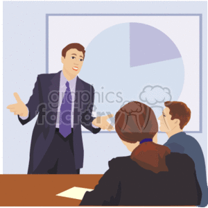 The clipart image depicts a business setting where a presentation is happening. There are three individuals: one person is standing and presenting, gesturing towards a large pie chart displayed on a poster or screen in the background, while two others are seated at a table, likely listening to the presenter. The standing person appears to be leading the meeting and discussing the data represented in the pie chart. This kind of setting is typical for corporate meetings where financial results, profits, and business strategies are discussed.