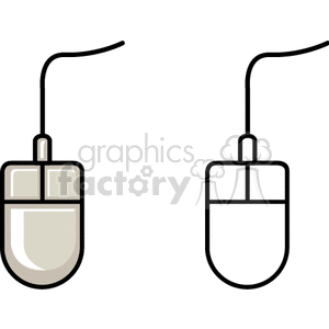 Clipart image featuring two computer mice with cords. The left mouse is shaded gray, whereas the right one is simply outlined without any shading.