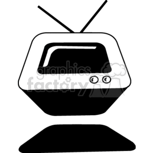 A black and white clipart image of a retro television with an antenna on top and control dials on the front, placed on a curved base.