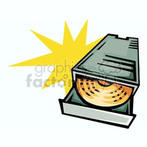 Clipart of a CD drive with a CD partially ejected, set against a bright starburst background.