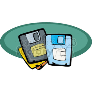 Clipart image of three floppy disks with different colors on a green oval background.