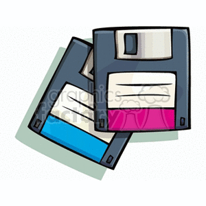 Clipart image of two floppy disks, one with a blue label and one with a pink label, overlapping each other.