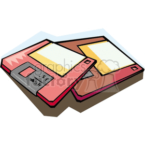 Illustration of two vintage floppy disks with labels.