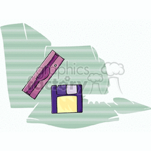 Clipart image featuring a floppy disk and a floppy drive next to it, against a striped background.