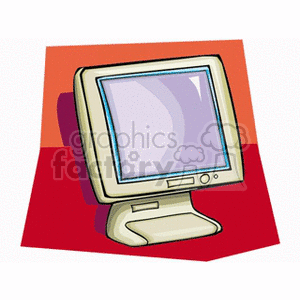 Clipart image of a vintage computer monitor with a beige frame and a blank screen, set against a red and orange background.