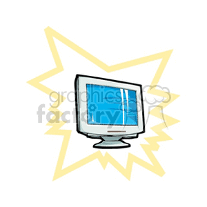 Clipart image of a computer monitor with a bright yellow starburst background.