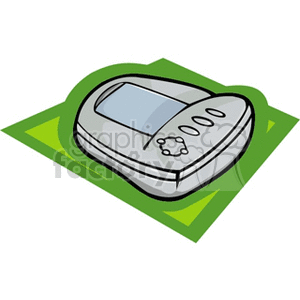 Clipart of a digital device with buttons and a screen, possibly resembling an electronic organizer or remote control, on a green background.