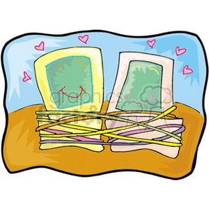 Clipart of two computer monitors with smiling faces, wrapped together with cables and surrounded by hearts.