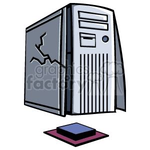 A clipart image of a damaged computer tower with a crack on its side and a red power button below.