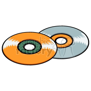 Illustration of two compact discs, one in orange and one in silver.