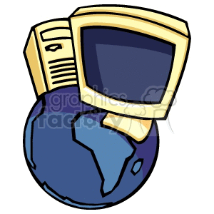 Clipart image of an old computer monitor and tower sitting on a globe, symbolizing global technology and connectivity.