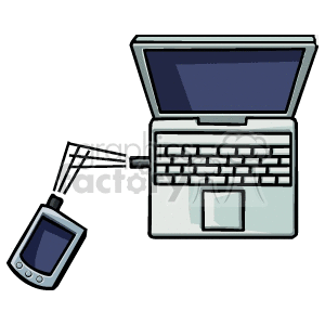 Clipart image of a laptop connected to a handheld device via a cable.