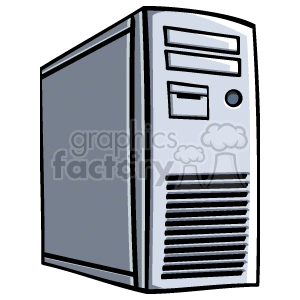 Clipart image of a desktop computer tower in a gray color.