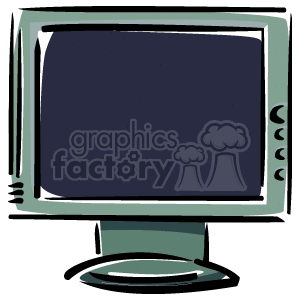 A stylized clipart image of a computer monitor with buttons on the side and a stand.