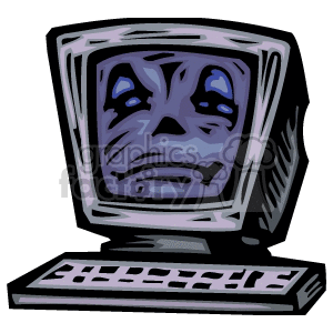 Clipart image of an old computer with a sad face on the screen.