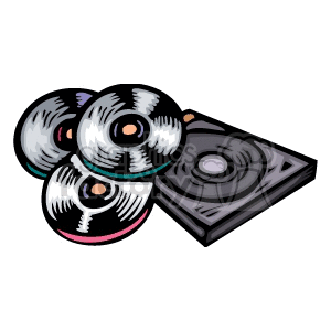 Clipart image of three CD's or DVDs next to a a reader