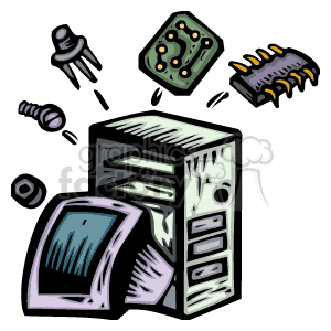 A clipart image of a computer case with various computer components floating around it, including a monitor, circuit board, and microchip.