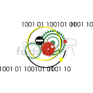 A clipart image featuring a combination of colorful gears and binary code.