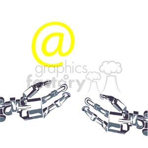 Clipart image of two robotic hands reaching towards a yellow at symbol (@) on a white background.