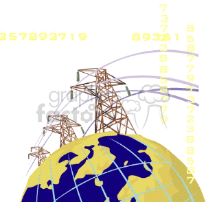 Clipart of transmission towers on a globe with numbers and arcing lines representing global communication and energy distribution.