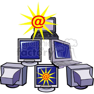 Clipart image of multiple interconnected computers and monitors with an email symbol (@) depicted with a bright yellow burst.