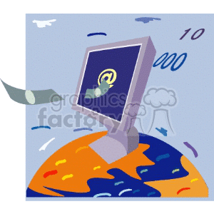 Colorful clipart image of a computer monitor with an envelop and an email symbol (@) on the screen, sitting on a globe with stylized numbers and waves around it.
